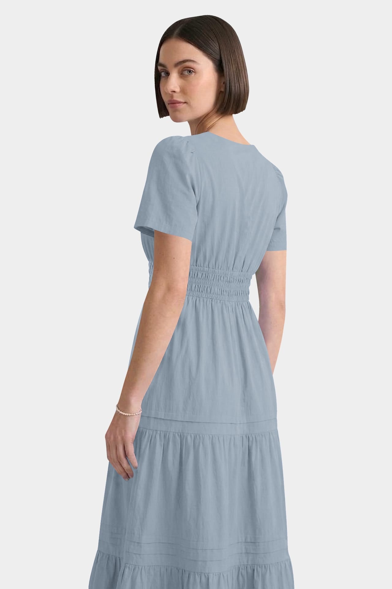 Dusty Blue Smocked Waist Cotton Tiered Maxi Dress