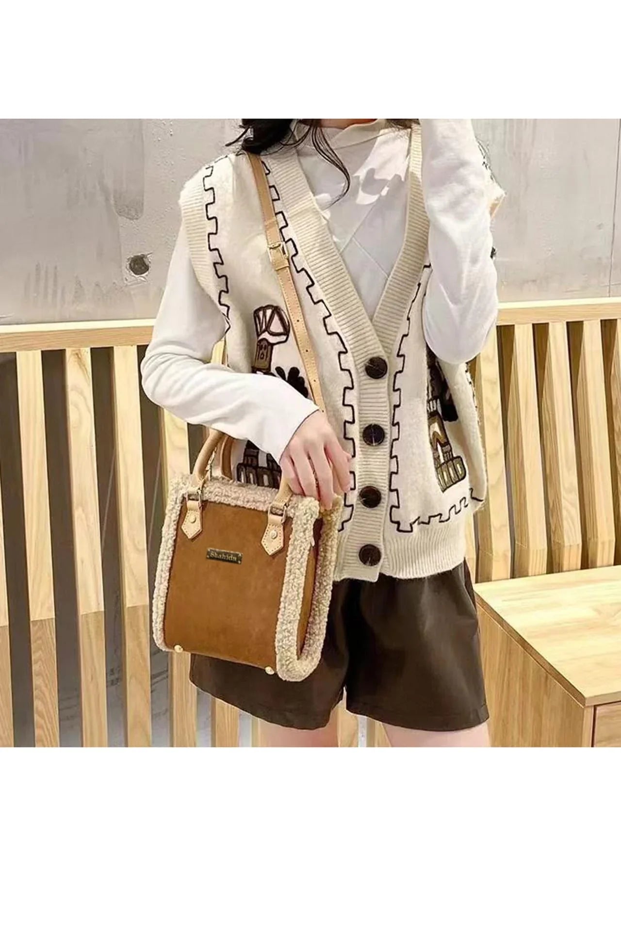 Brown Mini Fluffy Edge Handbag