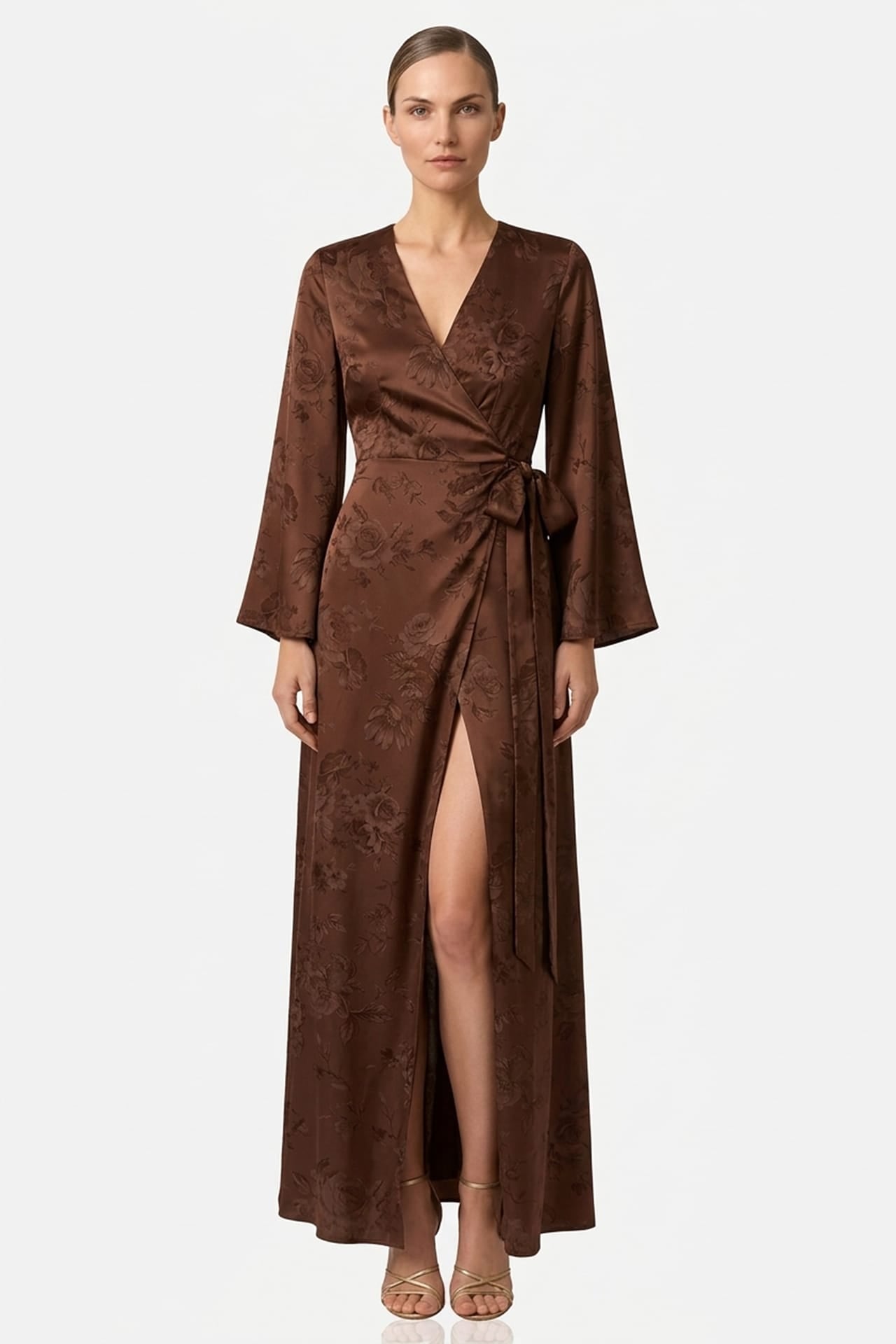 Chocolate Floral Satin Wrap Dress for Bridesmaids & Wedding Guests