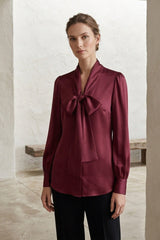 Burgundy Scarf  Tie Neck Satin Blouse