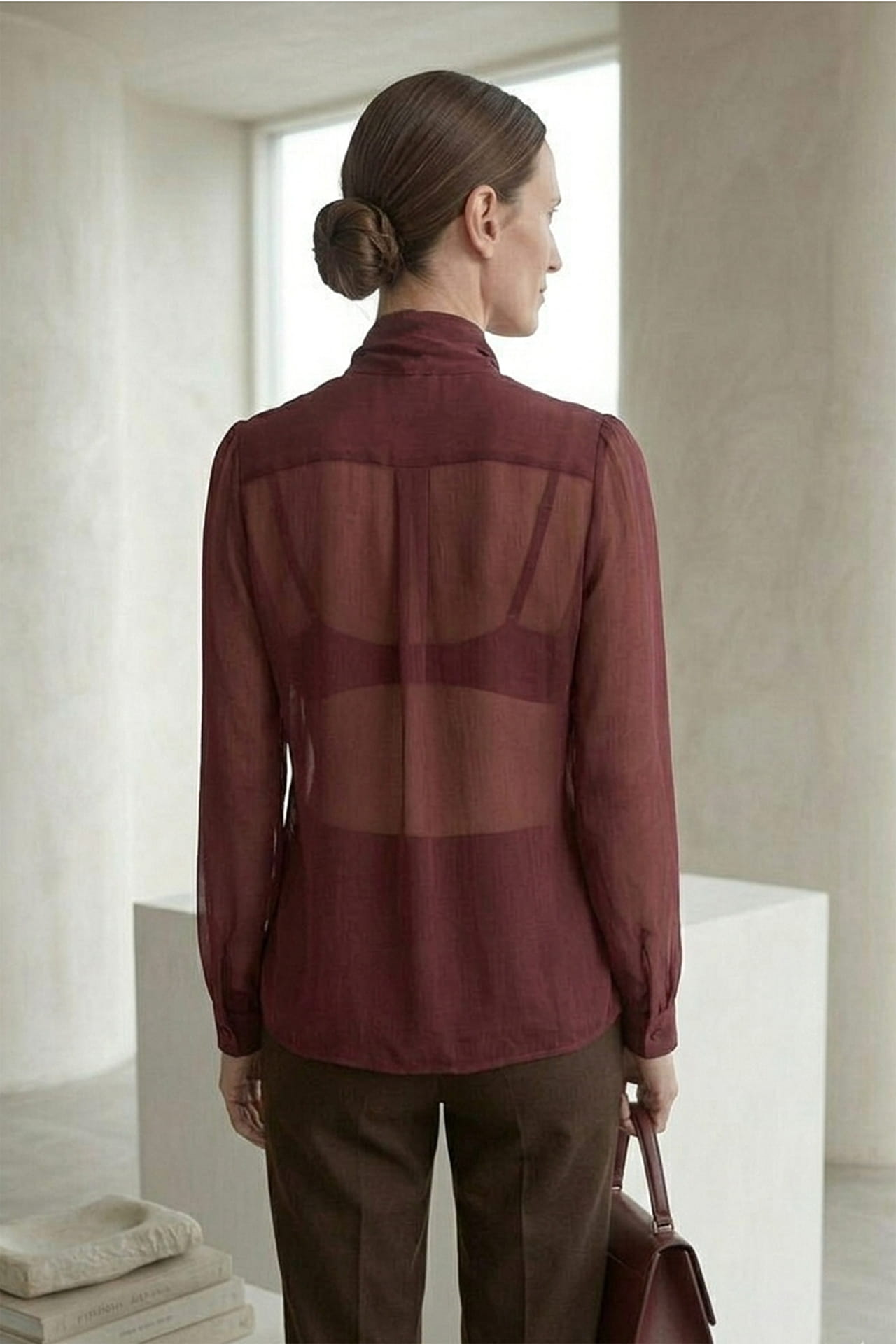 Burgundy Tie Neck Sheer Organza Shirt