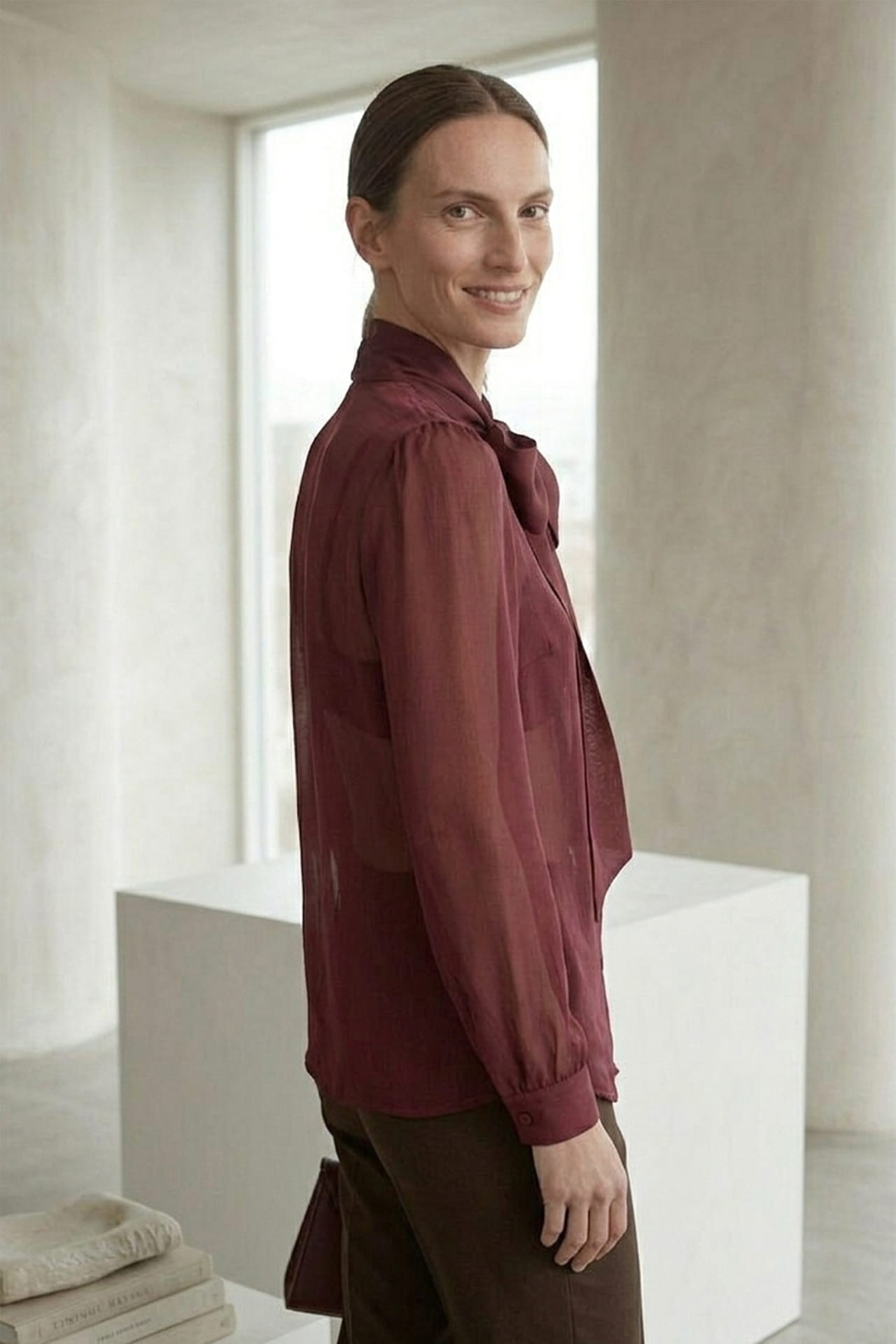 Burgundy Tie Neck Sheer Organza Shirt