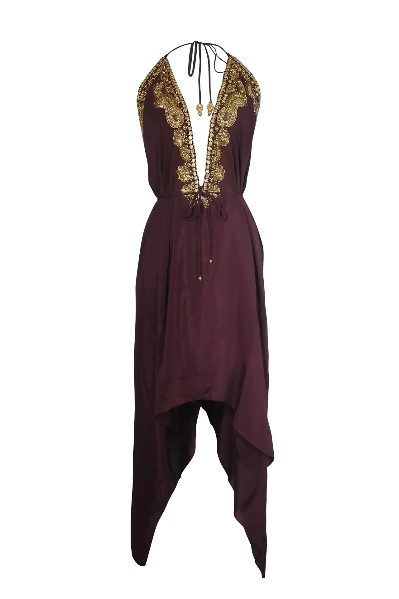 Burgundy Ornate Couture Embroidered Handkerchief Hem Dress