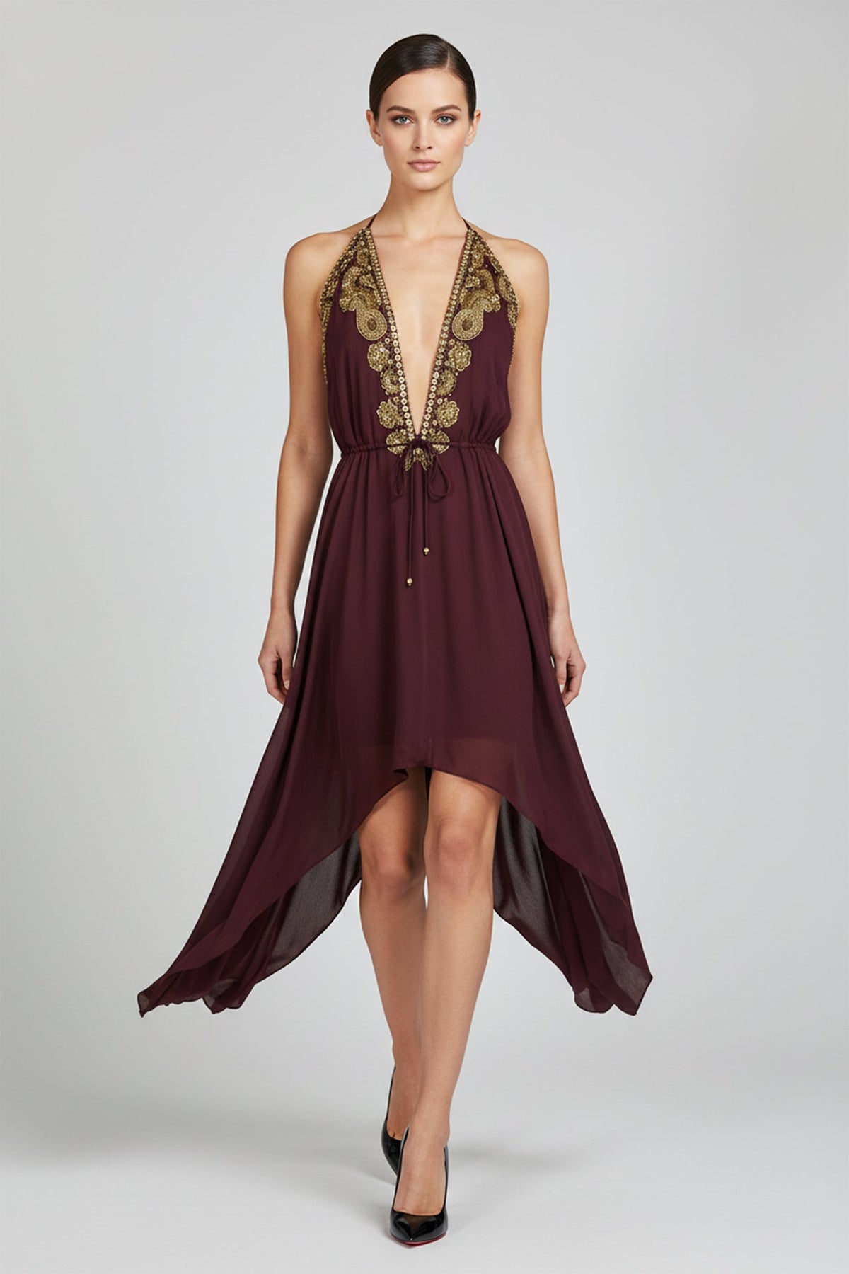 Burgundy Ornate Couture Embroidered Handkerchief Hem Dress