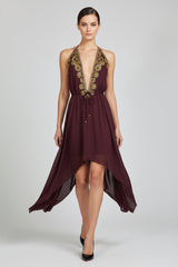 Burgundy Ornate Couture Embroidered Handkerchief Hem Dress