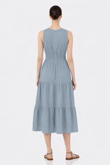 Dusty Blue Sleeveless Cotton Poplin Midi Dress – Business Casual Midi Dress