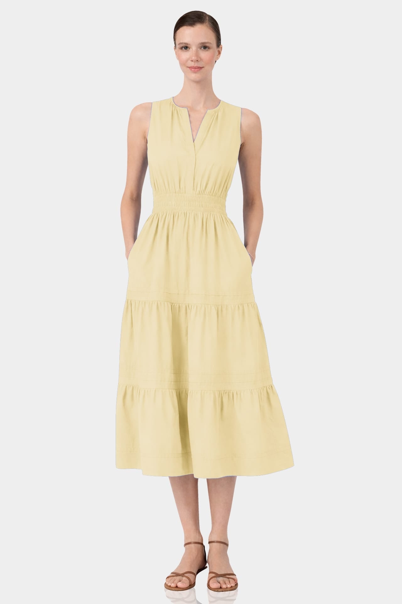 Champagne Sleeveless Cotton Poplin Midi Dress – Smocked Waist Work Dress