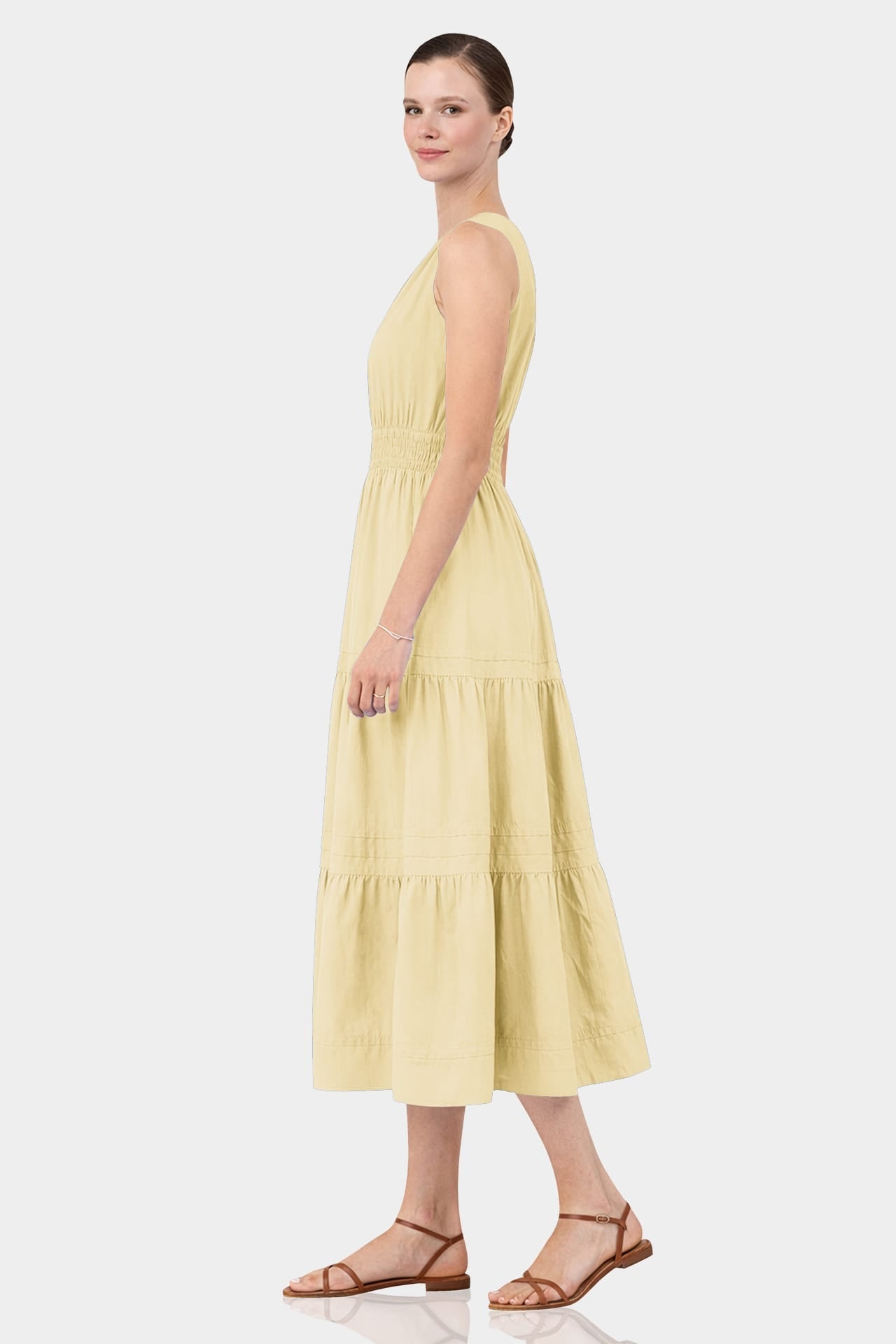 Champagne Sleeveless Cotton Poplin Midi Dress – Smocked Waist Work Dress