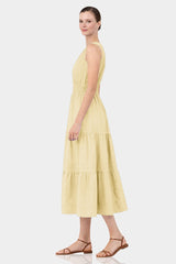 Champagne Sleeveless Cotton Poplin Midi Dress – Smocked Waist Work Dress