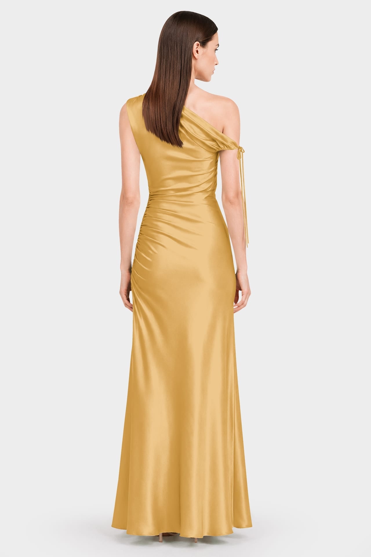 Butterscotch Gathered Stretch Satin Maxi Dress – Destination Wedding Dress