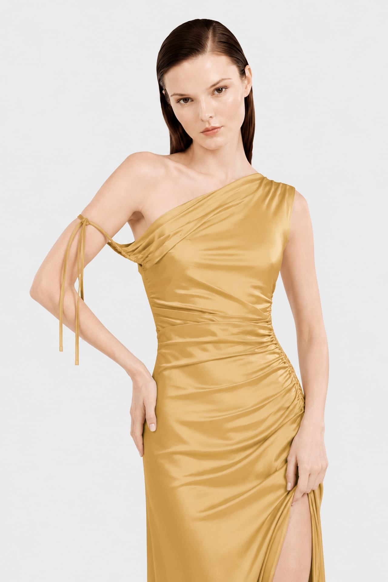 Butterscotch Gathered Stretch Satin Maxi Dress – Destination Wedding Dress