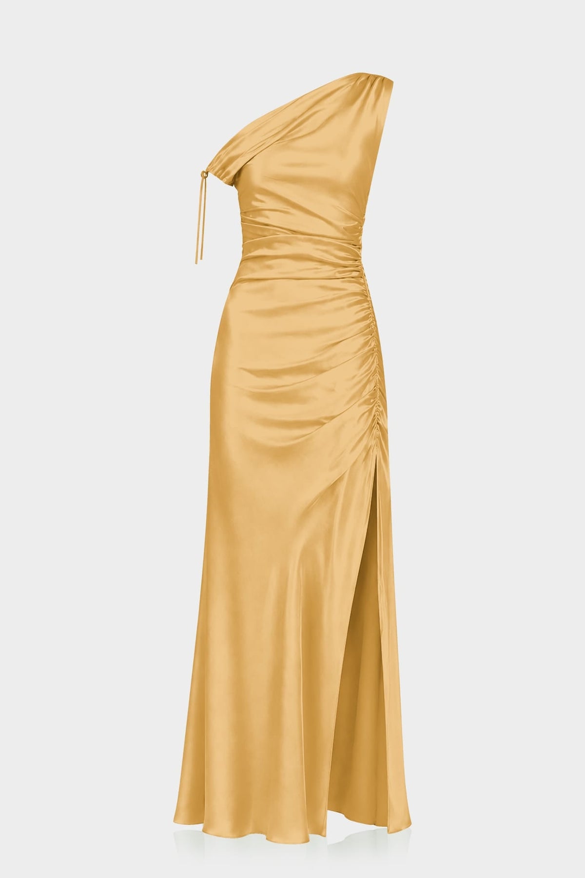 Butterscotch Gathered Stretch Satin Maxi Dress – Destination Wedding Dress
