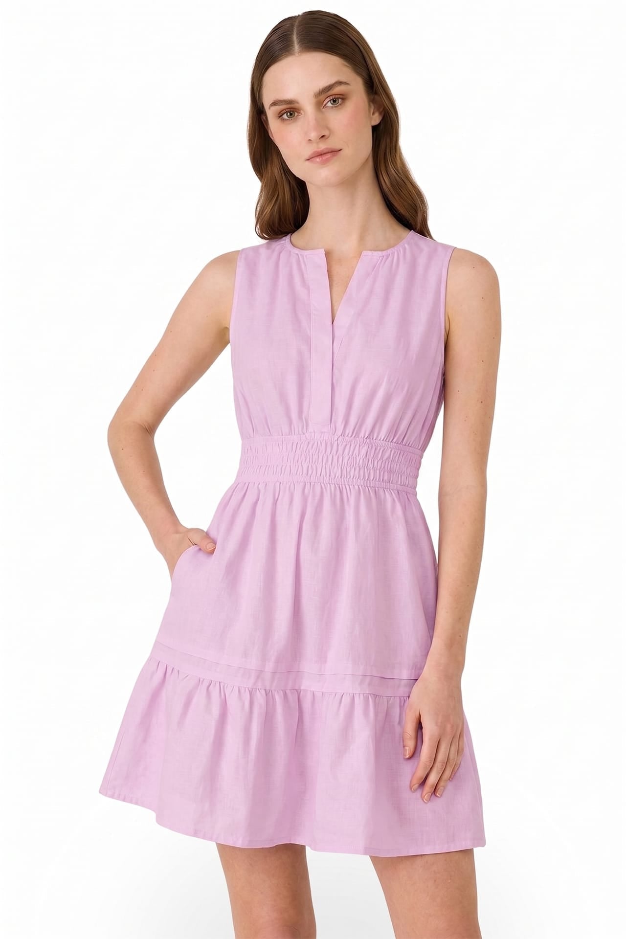 Candy Pink Smocked Waist Cotton Poplin Sleeveless Mini Dress for Women – Vacation-Ready Dress