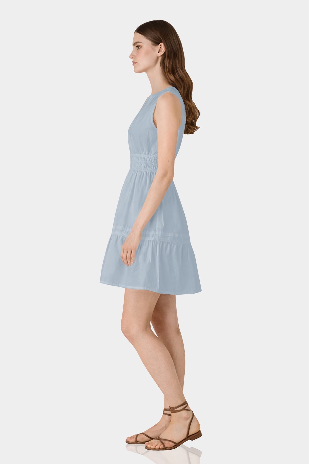 Dusty Blue Sleeveless Smocked Waist Cotton Mini Dress – Brunch Date Dress