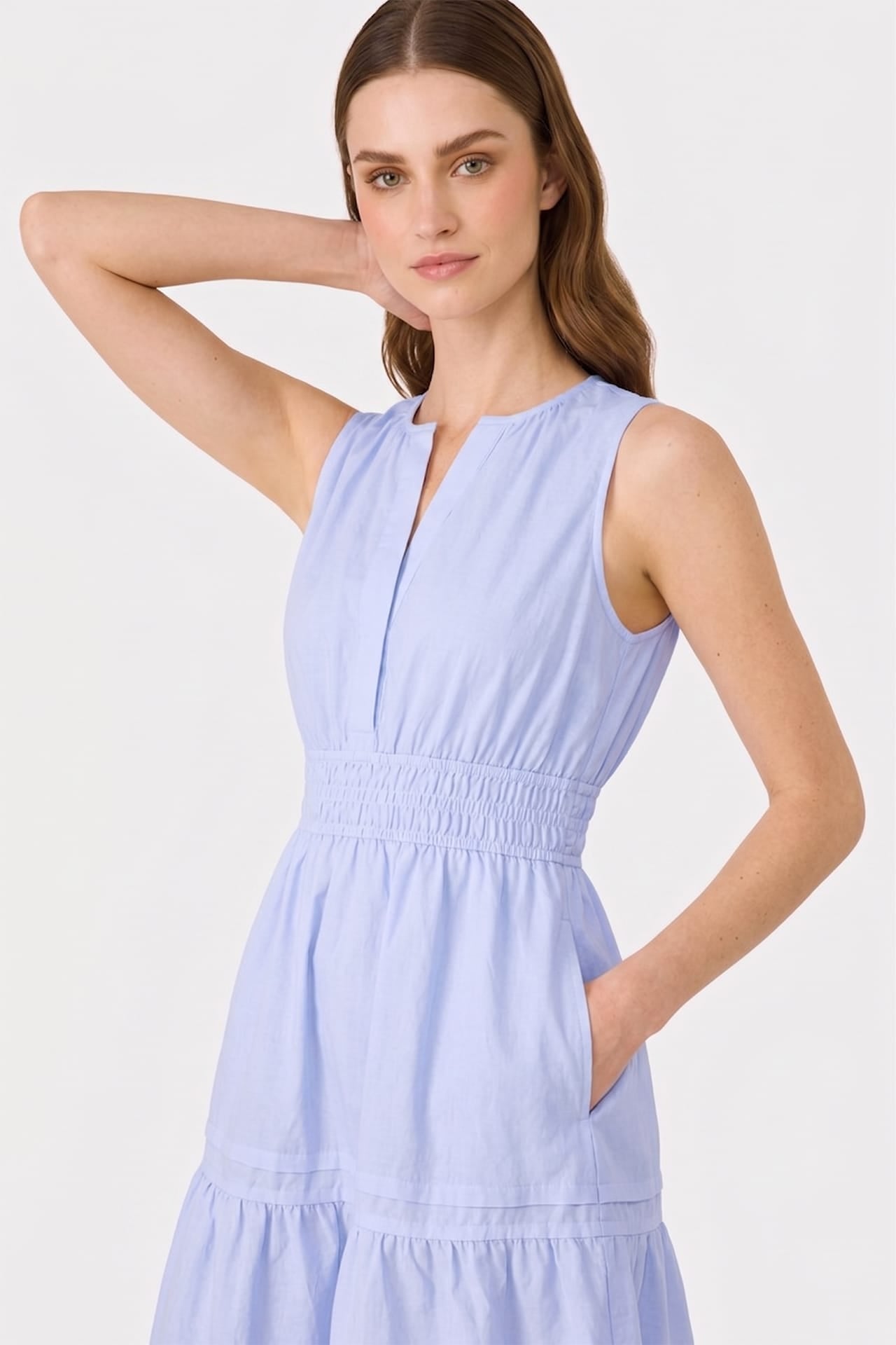 Icy Blue Smocked Waist Cotton Mini Dress for Women with Pockets – Casual Vacation Dress