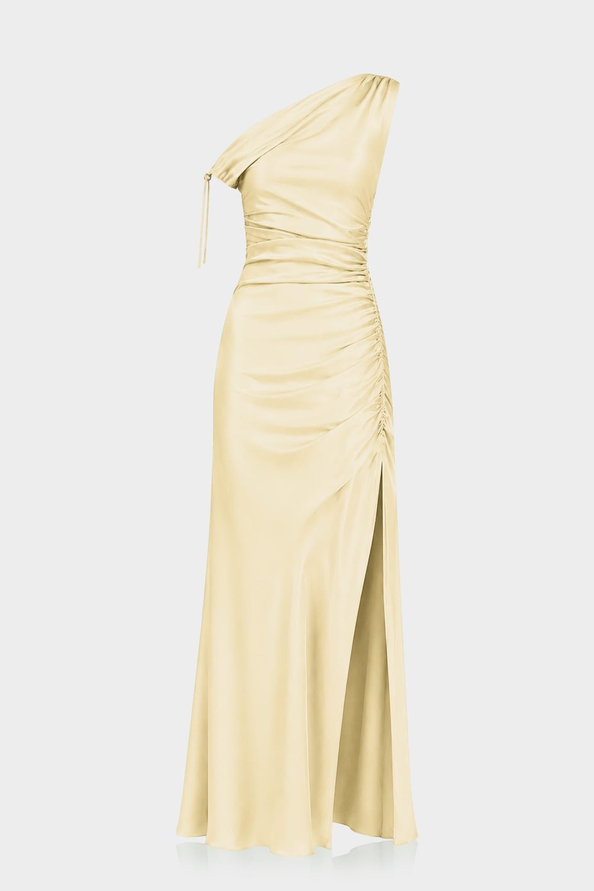 Designer Champagne One Shoulder Satin Gala Dress in Gathered Design - Resort Dinner Dress