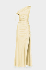 Designer Champagne One Shoulder Satin Gala Dress in Gathered Design - Resort Dinner Dress