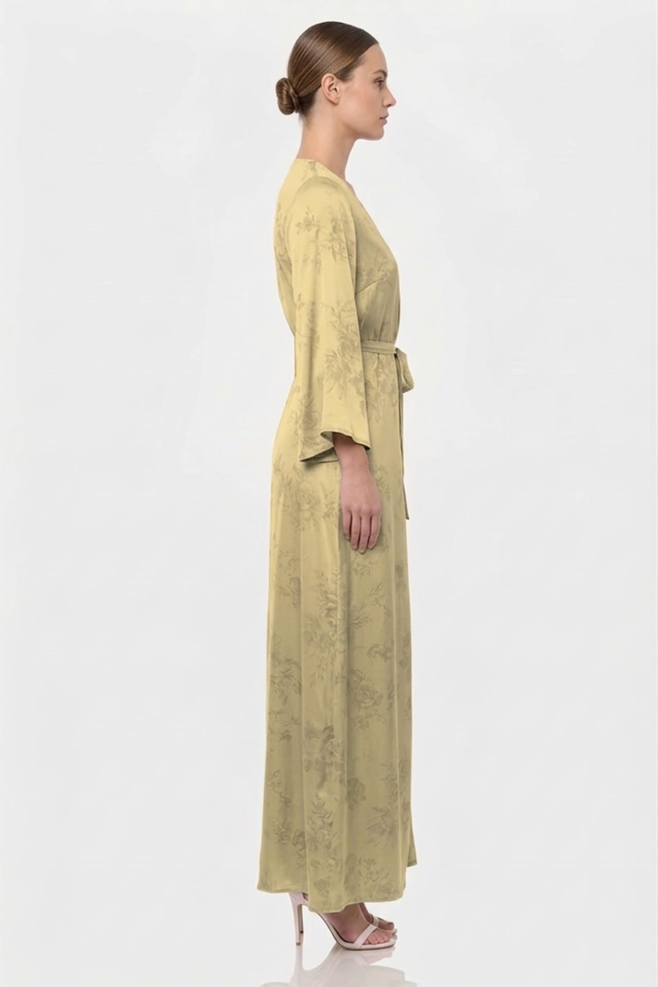 Champagne Floral Satin Wrap Maxi Dress for Garden Parties