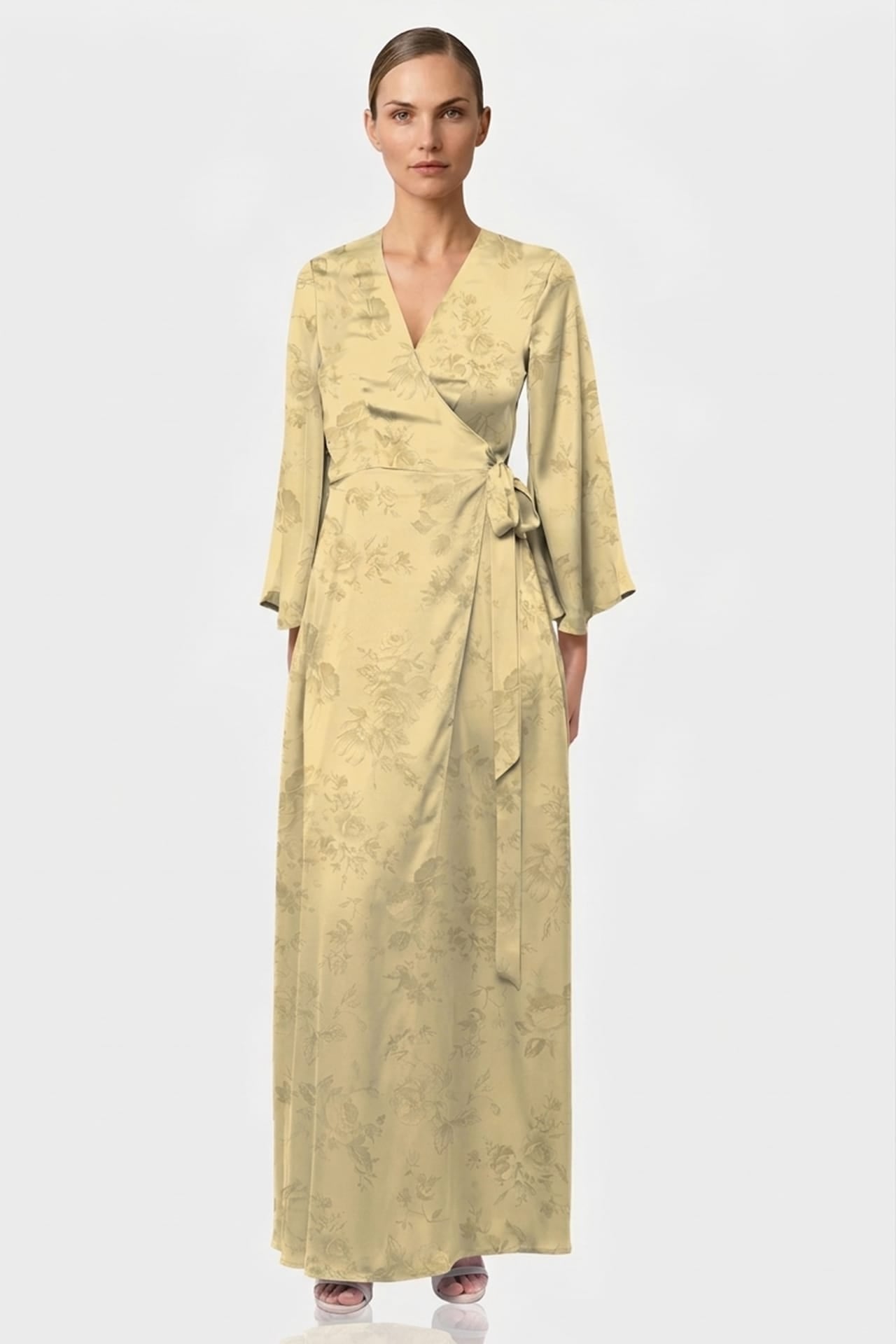 Champagne Floral Satin Wrap Maxi Dress for Garden Parties