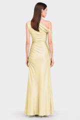 Designer Champagne One Shoulder Satin Gala Dress in Gathered Design - Resort Dinner Dress
