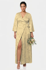Champagne Floral Satin Wrap Maxi Dress for Garden Parties