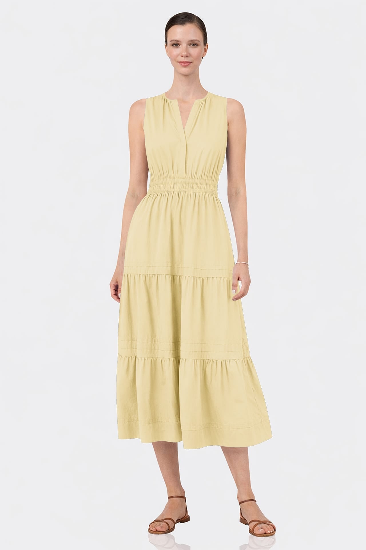 Champagne Sleeveless Cotton Poplin Midi Dress – Smocked Waist Work Dress