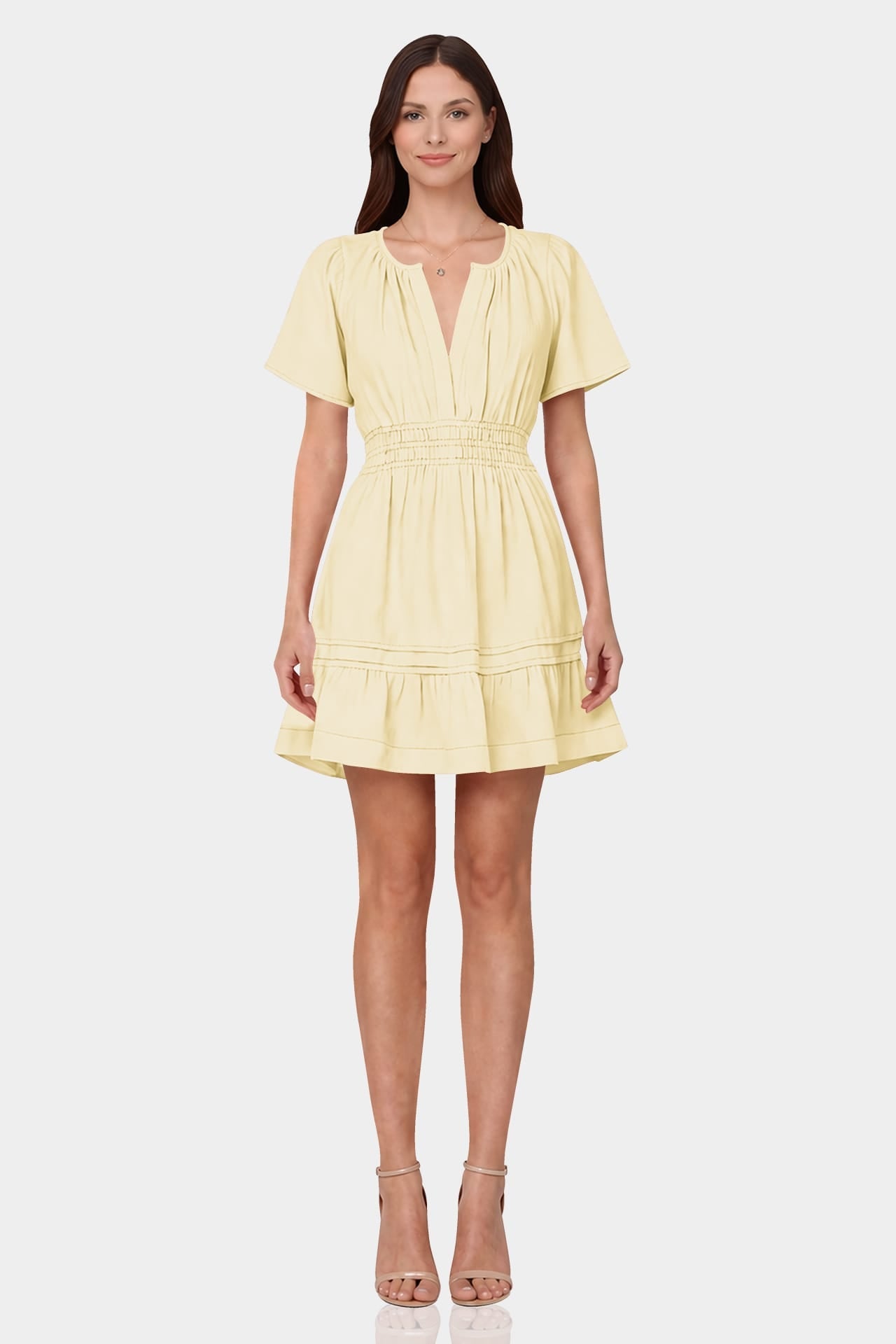Champagne Smocked Waist Flutter Sleeve Mini Dress for Women – Fit-and-Flare Dress