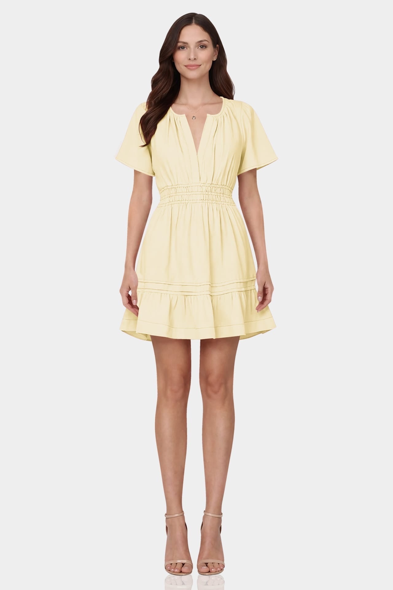 Champagne Smocked Waist Flutter Sleeve Mini Dress for Women – Fit-and-Flare Dress