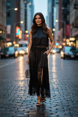 Classic Black Lace Trim Midi Dress