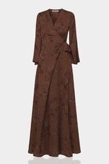 Chocolate Floral Satin Wrap Dress for Bridesmaids & Wedding Guests