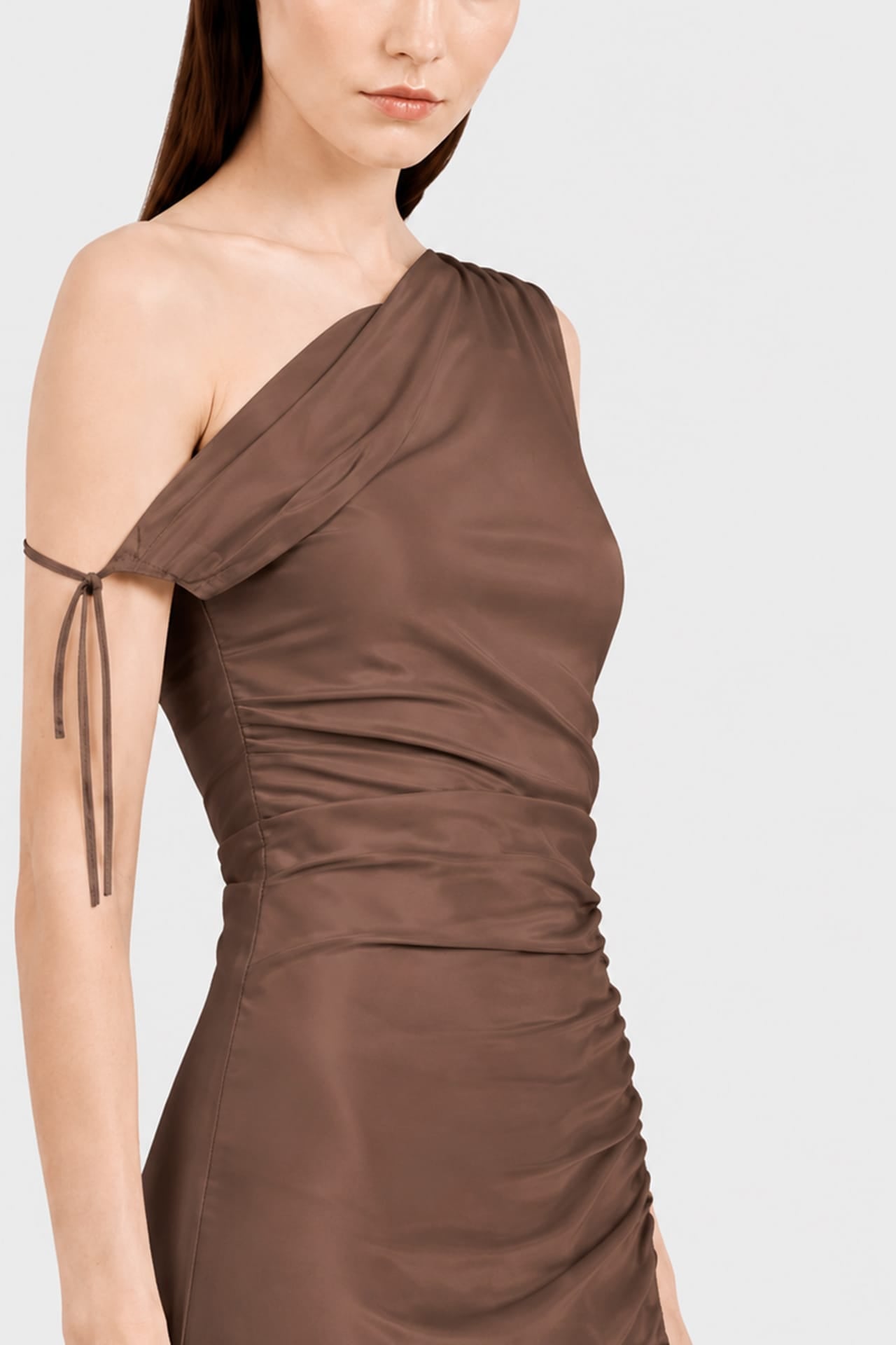 Designer Chocolate Gathered Asymmetrical Neckline Maxi Occasion Dress