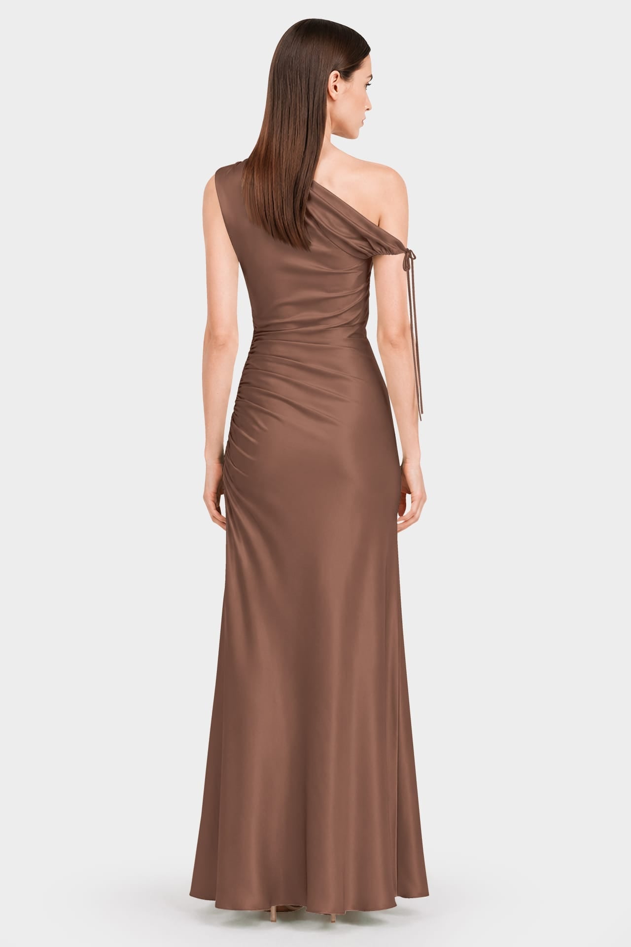 Designer Chocolate Gathered Asymmetrical Neckline Maxi Occasion Dress