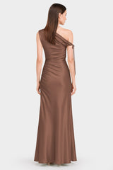 Designer Chocolate Gathered Asymmetrical Neckline Maxi Occasion Dress