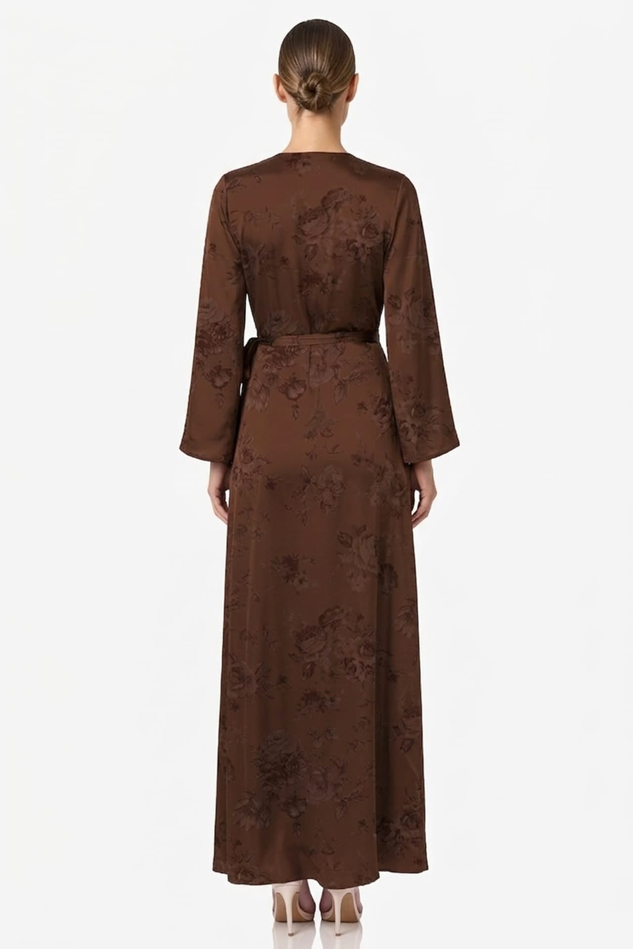 Chocolate Floral Satin Wrap Dress for Bridesmaids & Wedding Guests