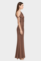 Designer Chocolate Gathered Asymmetrical Neckline Maxi Occasion Dress