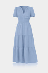 Steel Blue Tiered Midi Dress with Elastic Waist – Resort Wear Midi Dress