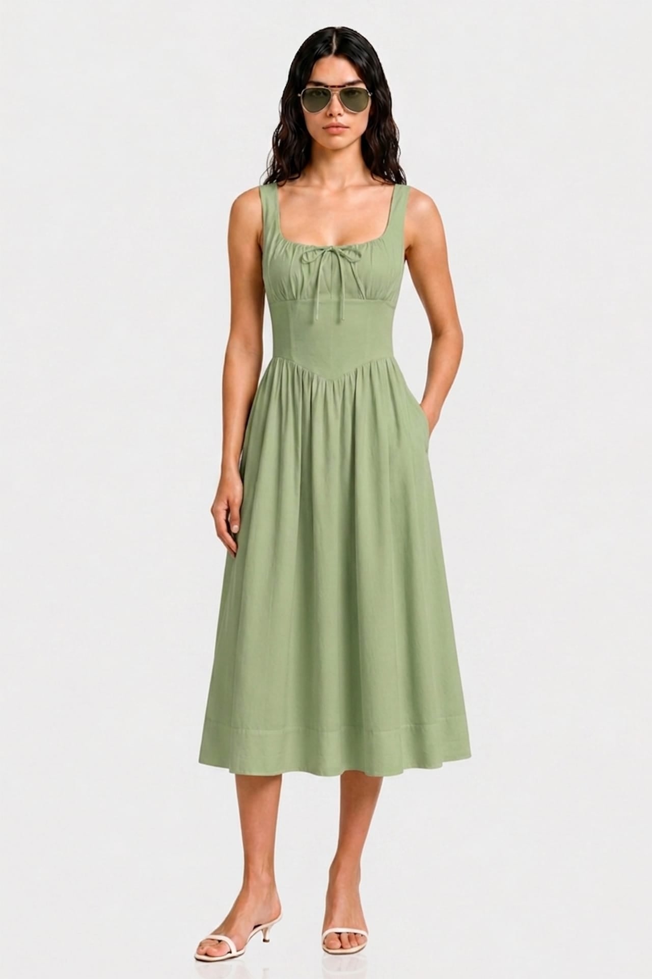 Contemporary Sage Linen Square Neck Midi Dress – Garden Party Dress for Women