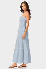 Dusty Blue Strapless Flowy Cotton Maxi Dress for Destination Weddings
