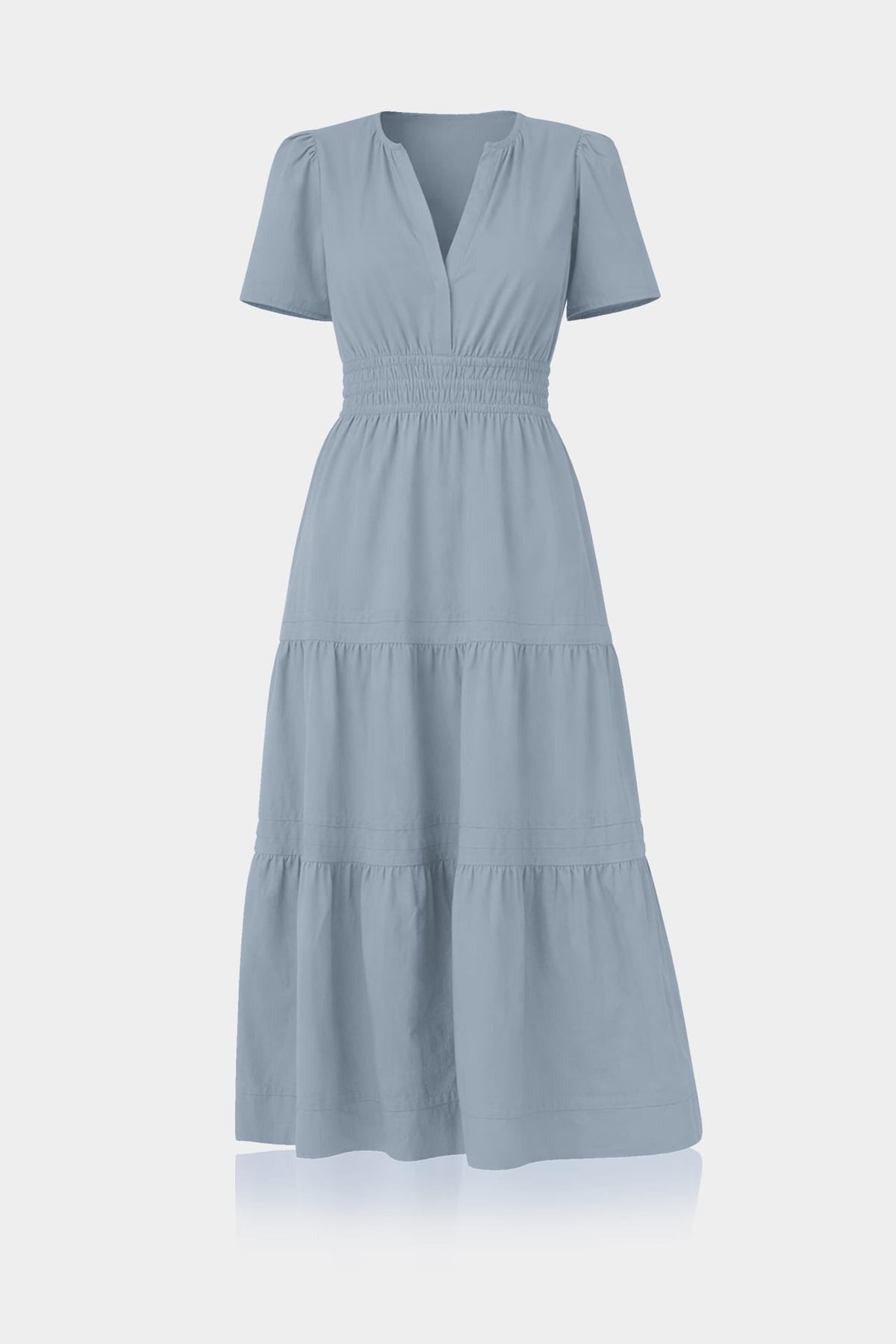 Dusty Blue Smocked Waist Cotton Midi Dress for Women – Business Casual & Everyday Wear