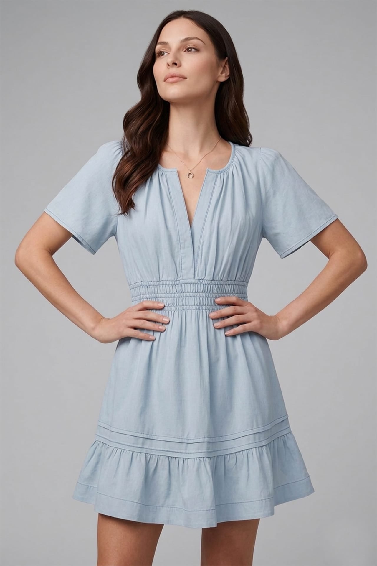 Dusty Blue Flutter Sleeve Tiered Mini Dress – Brunch Dress