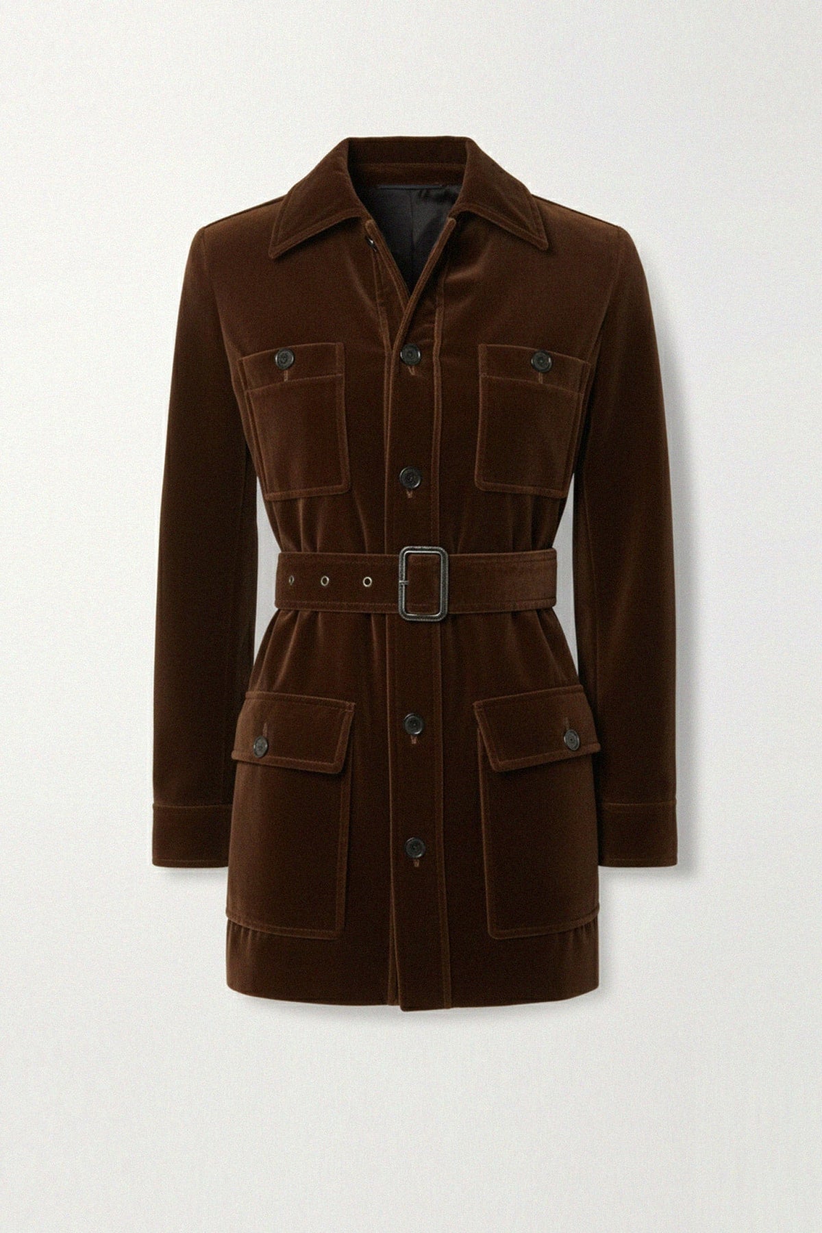 Brown Velvet Belted Longline Coat for Women
