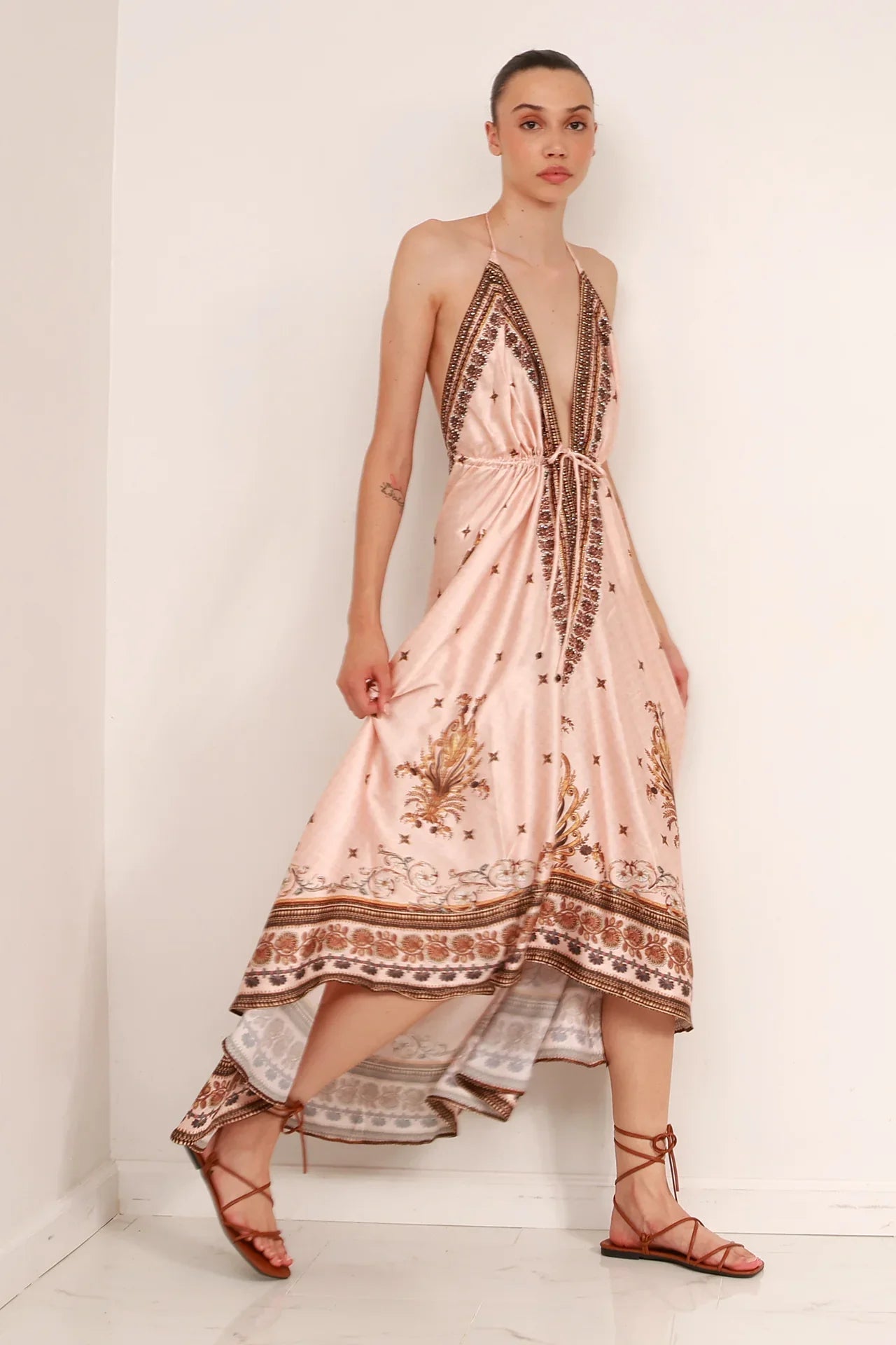 Creme Geometric Silk Scarf Maxi Dress
