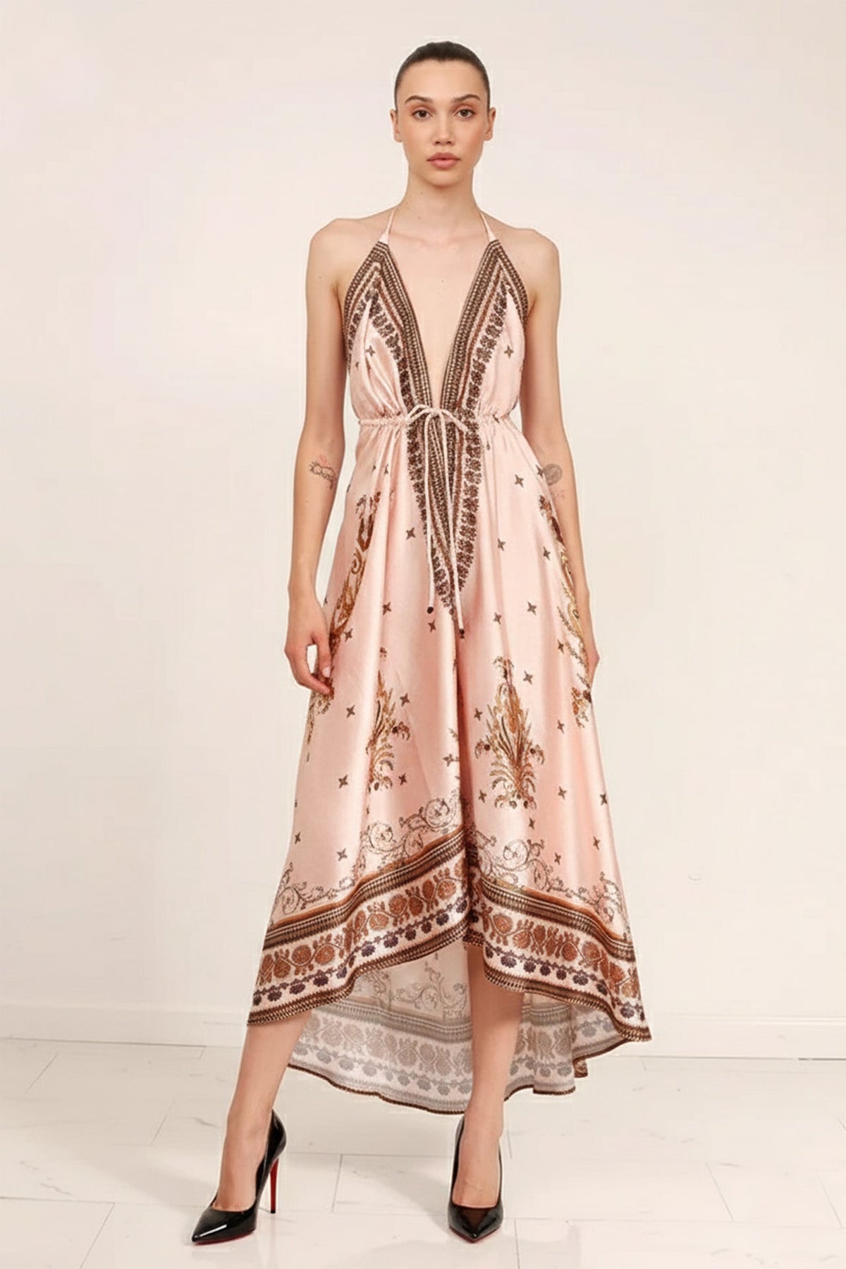 Creme Geometric Silk Scarf Maxi Dress