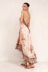 Creme Geometric Silk Scarf Maxi Dress