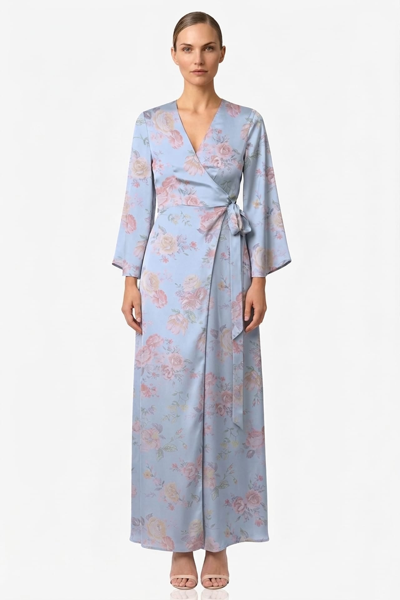 Powder Blue Floral Satin Wrap Dress for Garden Weddings & Spring Celebrations
