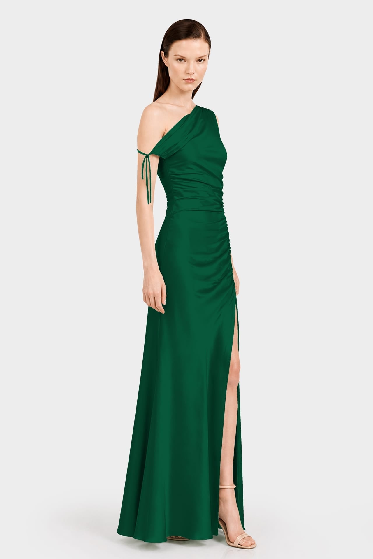Dark Green Gathered Stretch Satin Bridesmaid Maxi Dress with Adjustable Shoulder Tie