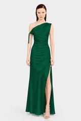 Dark Green Gathered Stretch Satin Bridesmaid Maxi Dress with Adjustable Shoulder Tie