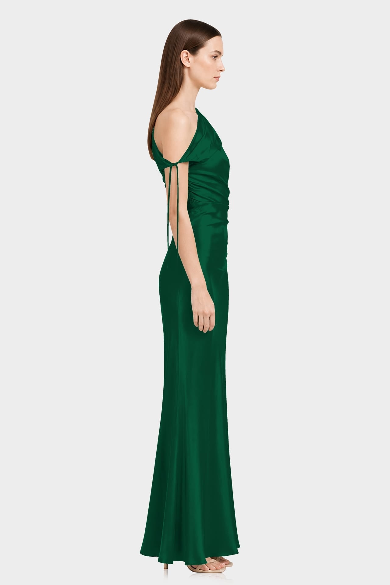 Dark Green Gathered Stretch Satin Bridesmaid Maxi Dress with Adjustable Shoulder Tie