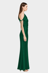 Dark Green Gathered Stretch Satin Bridesmaid Maxi Dress with Adjustable Shoulder Tie