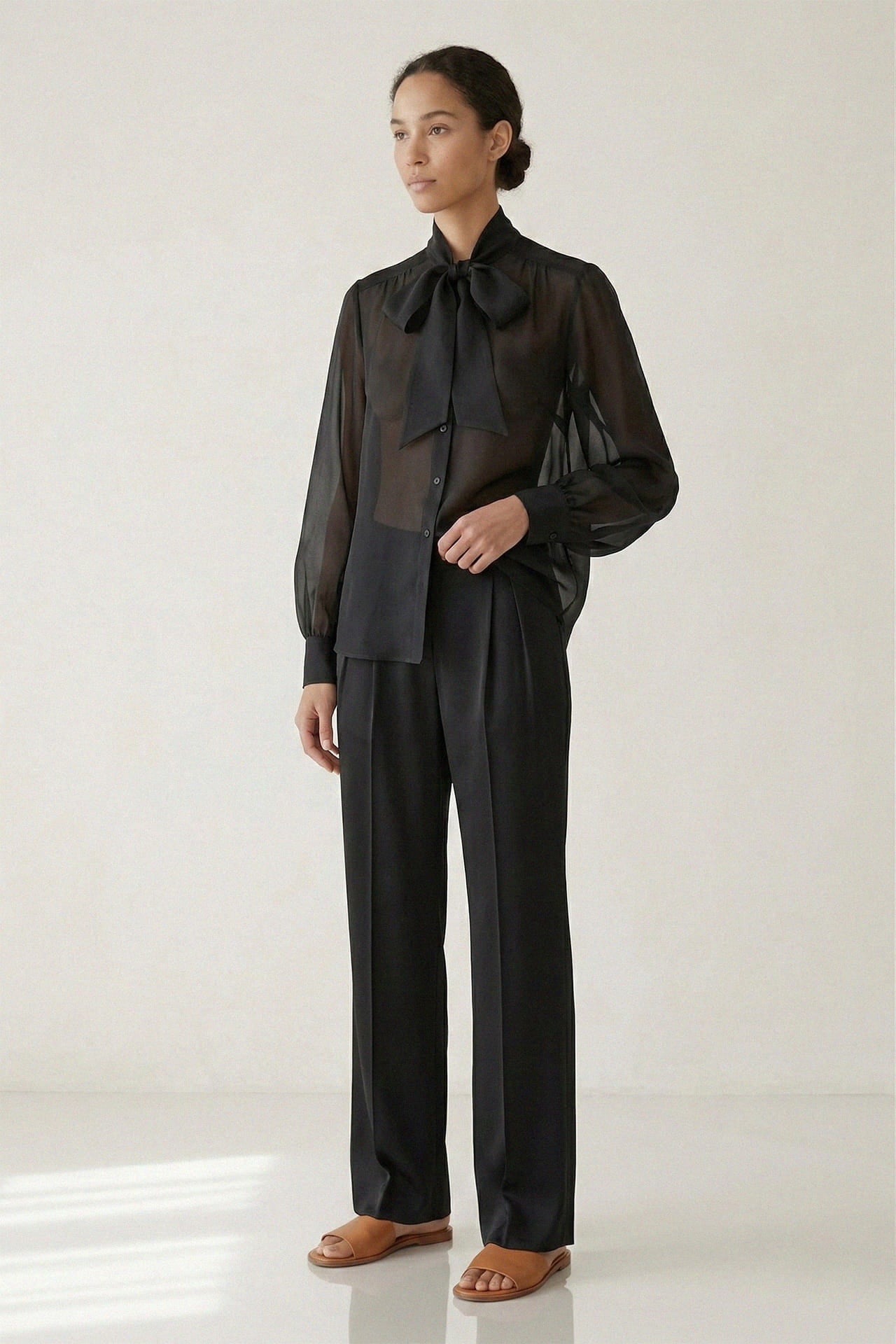 Black Sheer Organza Bow Tie-Neck Shirt